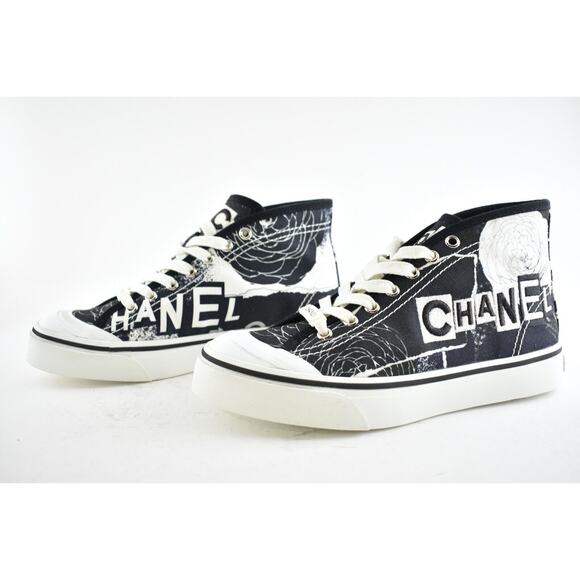 Chanel 20P Black White Fabric CC Logo Flat High Top Runner Trainer Sneaker 37 - Picture 8 of 10